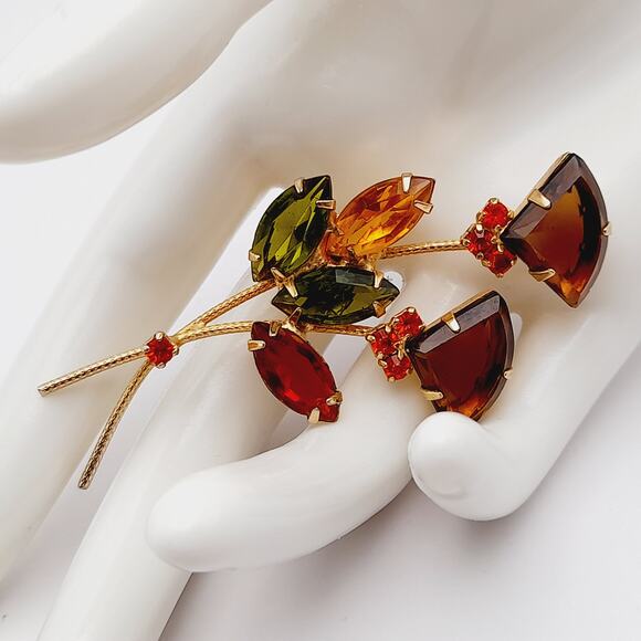 Vintage 1970s Autumn Colors Rhinestones Floral Brooch - Picture 1 of 8